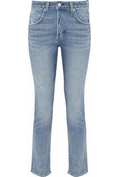 Shop Amo Woman Lover In The Cards Distressed Mid-rise Slim-leg Jeans Light Denim