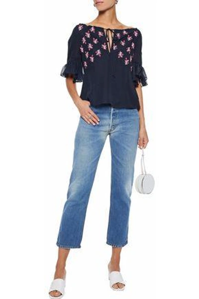 Shop Cinq À Sept Woman Daria Embroidered Silk-chiffon Blouse Midnight Blue