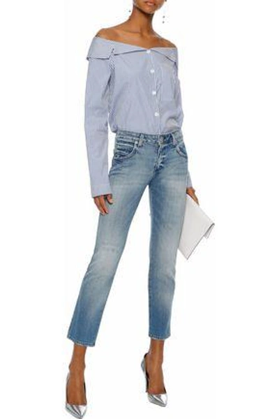 Shop Amo Kate Distressed Low-rise Slim-leg Jeans In Mid Denim