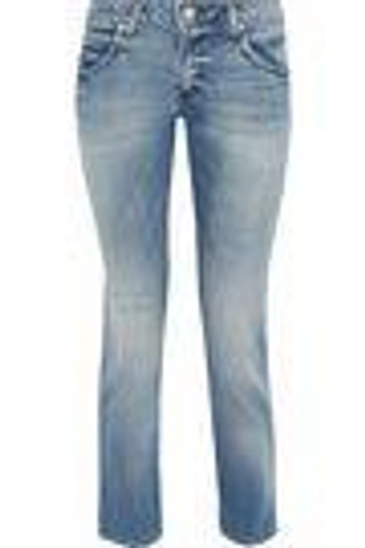 Shop Amo Kate Distressed Low-rise Slim-leg Jeans In Mid Denim