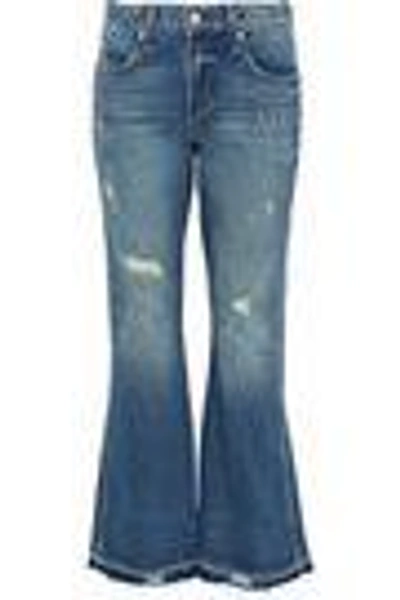 Shop Amo Bex Distressed Mid-rise Flared Jeans In Mid Denim