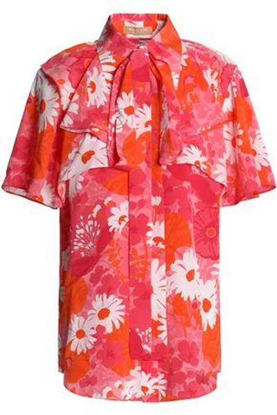 Shop Michael Kors Collection Woman Pussy-bow Floral-print Silk Crepe De Chine Shirt Coral