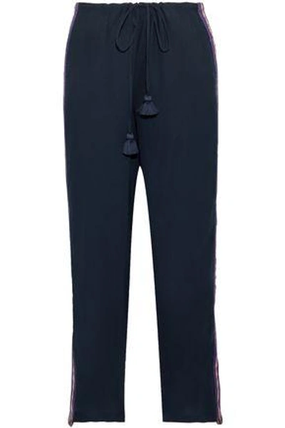 Shop Figue Tasseled Embroidered Crepe De Chine Wide-leg Pants In Midnight Blue