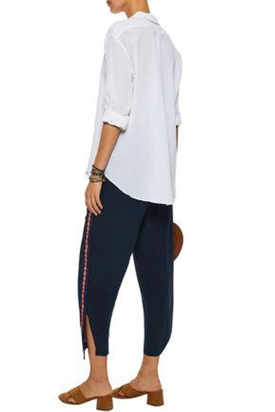 Shop Figue Tasseled Embroidered Crepe De Chine Wide-leg Pants In Midnight Blue