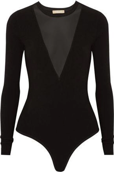 Shop Michael Kors Mesh-paneled Stretch-jersey Bodysuit In Black