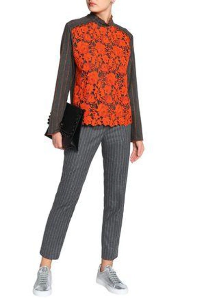 Shop Msgm Woman Guipure Lace-paneled Striped Twill Top Dark Gray