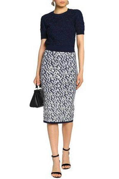 Shop Michael Kors Collection Woman Floral-appliquéd Jacquard-knit Pencil Skirt Navy