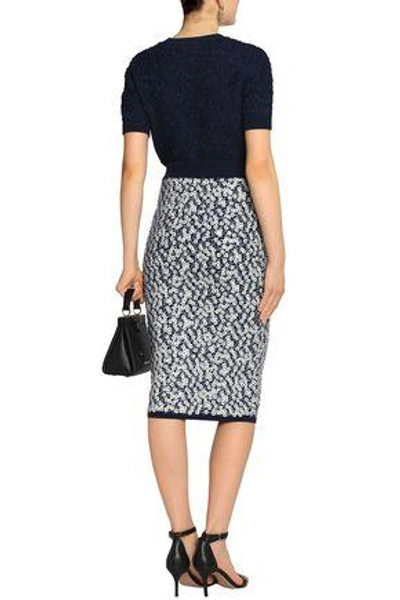 Shop Michael Kors Collection Woman Floral-appliquéd Jacquard-knit Pencil Skirt Navy