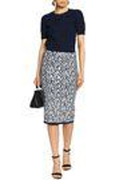 Shop Michael Kors Collection Woman Floral-appliquéd Jacquard-knit Pencil Skirt Navy