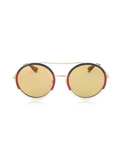 Shop Gucci Gg0061s Round-frame Metal Sunglasses W/sylvie Web Trim In Blue/yellow