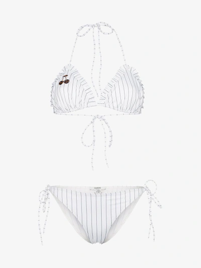 Shop Ganni White Stripe Ruffle Bikini