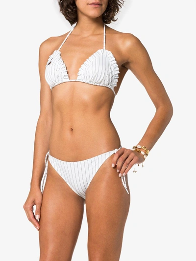 Shop Ganni White Stripe Ruffle Bikini