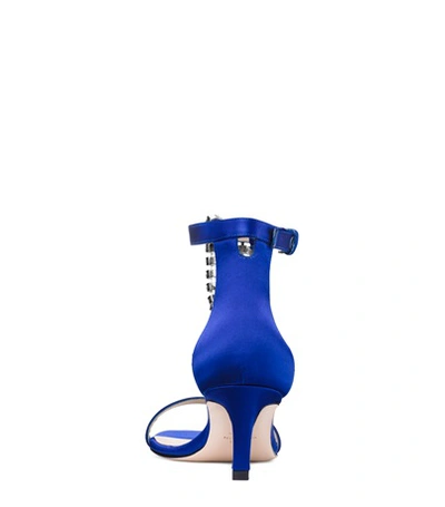 Shop Stuart Weitzman The 75fringesquarenudist Sandal In Blue Violet Silk Satin
