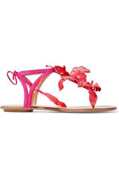 Shop Aquazzura Flora Appliquéd Suede Sandals In Fuchsia