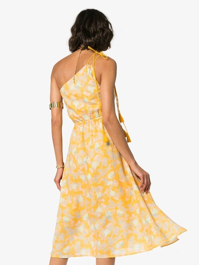 Shop A Peace Treaty Yuna One-shoulder Print Cotton Blend Dress In Yellow/orange