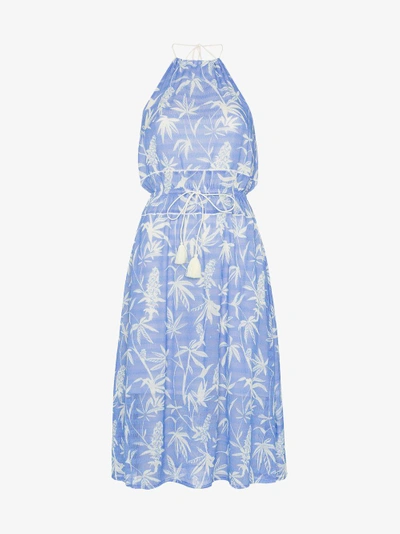 Shop A Peace Treaty Boetica Halterneck Palm Print Cotton Blend Dress In Blue