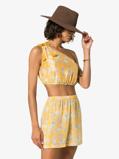 Shop A Peace Treaty Yuna One-shoulder Print Silk Linen-blend Top In Yellow/orange