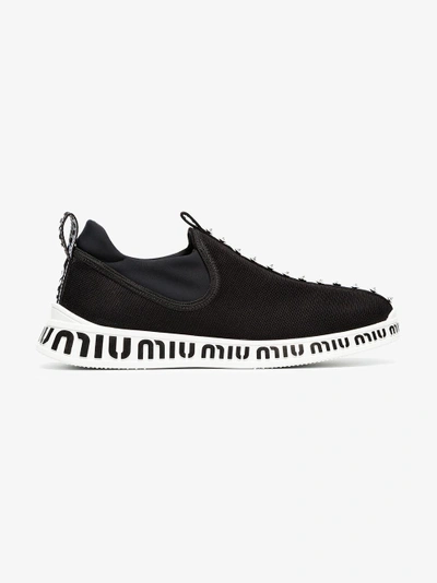 Shop Miu Miu Black And White Jewelled Stretch Logo Sneakers