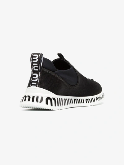 Shop Miu Miu Black And White Jewelled Stretch Logo Sneakers