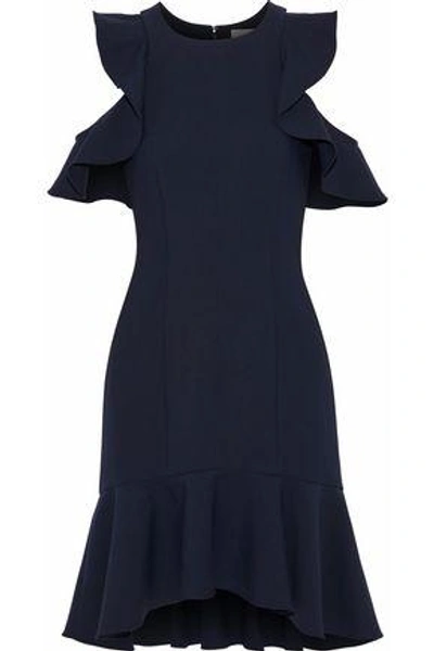 Shop Cinq À Sept Woman Cold-shoulder Ruffle-trimmed Crepe Mini Dress Midnight Blue