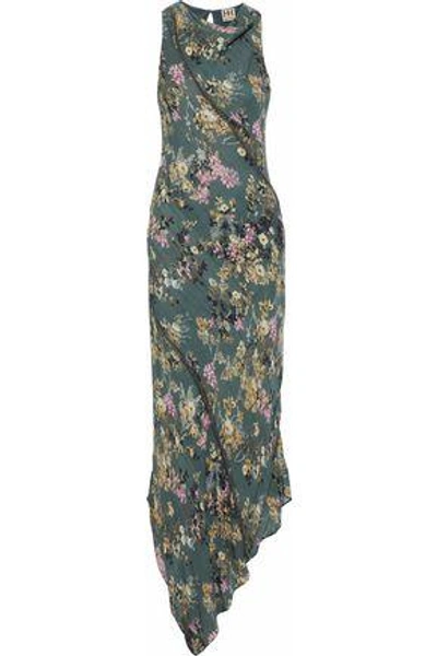 Shop Haute Hippie Woman Cecilia Asymmetric Chain-embellished Floral-print Silk Maxi Dress Grey Green