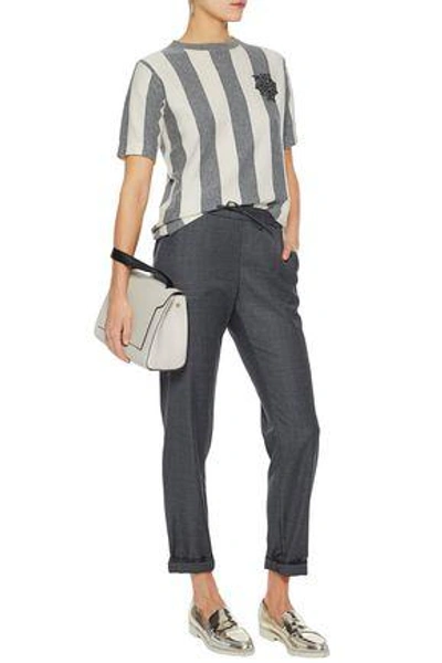 Shop Brunello Cucinelli Woman Appliquéd Striped Cashmere Top Gray