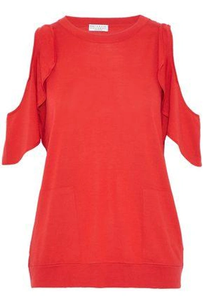 Shop Brunello Cucinelli Cold-shoulder Ruffled Wool And Cashmere-blend Sweater In Red