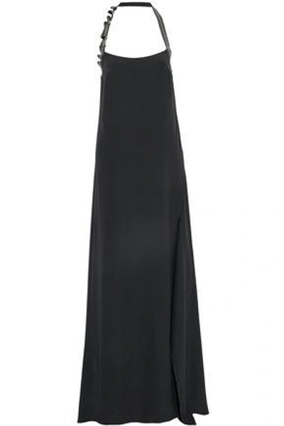 Shop Brunello Cucinelli Woman Bead-embellished Silk-blend Halterneck Gown Charcoal