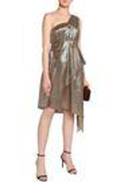 Shop Adam Lippes One-shoulder Pleated Silk-blend Lamé Dress In Gold
