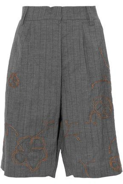 Shop Brunello Cucinelli Embellished Striped Wool And Linen-blend Shorts In Anthracite