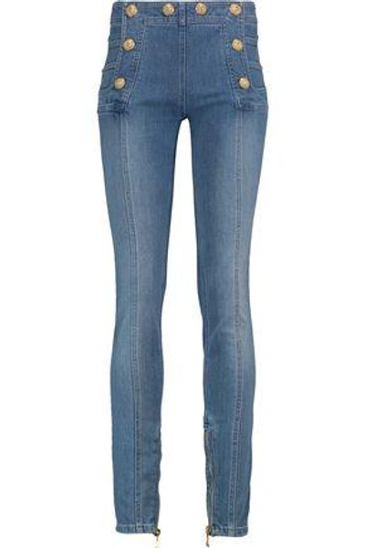 Shop Balmain Woman Button-detailed Faded High-rise Skinny Jeans Light Denim