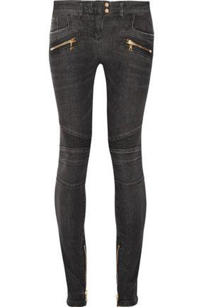Shop Balmain Moto-style Distressed Low-rise Skinny Jeans In Dark Gray