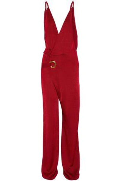 Shop Balmain Woman Wrap-effect Knitted Jumpsuit Crimson