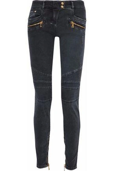 Shop Balmain Moto-style Distressed Low-rise Skinny Jeans In Charcoal