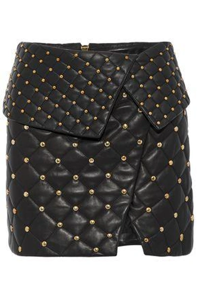 Shop Balmain Woman Studded Quilted Leather Mini Skirt Black