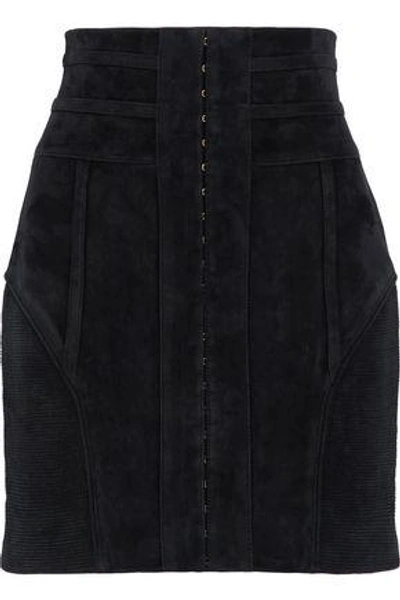 Shop Balmain Woman Rib-paneled Embellished Suede Mini Skirt Black