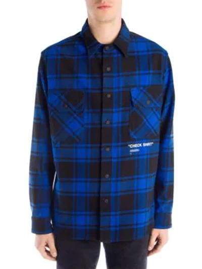 Shop Off-white Quote Plaid Flannel Button-down Shirt In Blue White