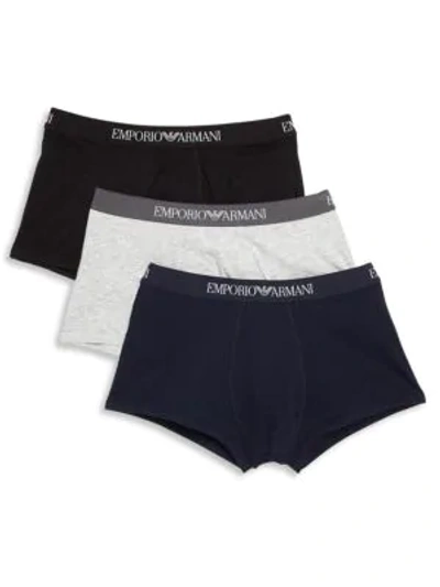 Shop Emporio Armani Men's Pure Cotton 3-pack Trunks In Black Navy Grey Melange