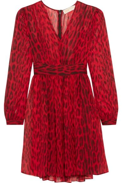 Shop Michael Michael Kors Leopard-print Georgette Mini Dress In Claret