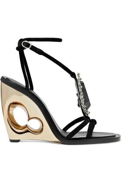 Shop Alexander Mcqueen Embellished Suede Wedge Sandals In Black