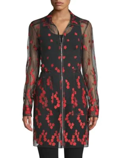 Shop Elie Tahari Nicolette Sheer Embroidered Coat In Black Red