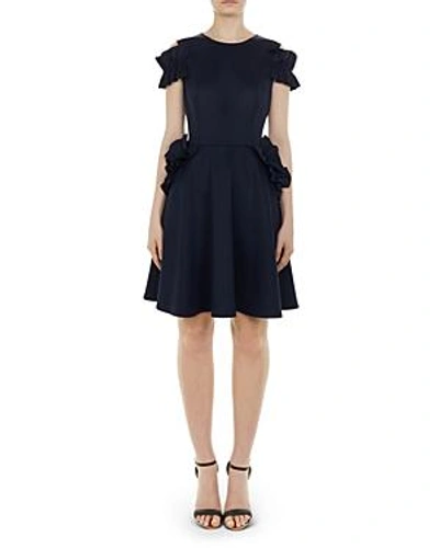 Shop Ted Baker Deneese Ruffled Cold-shoulder Dress In Navy