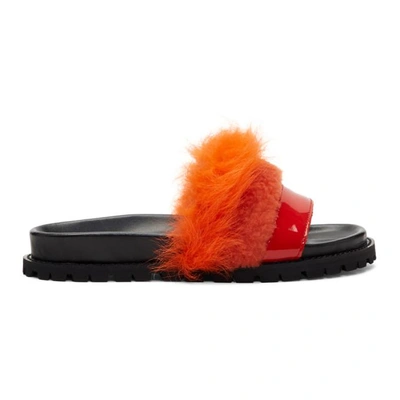 Shop Sacai Orange & Red Furry Slides