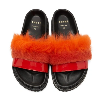Shop Sacai Orange & Red Furry Slides