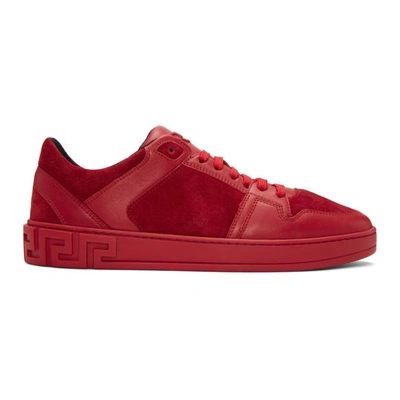 Shop Versace Red Leather & Suede Sneakers