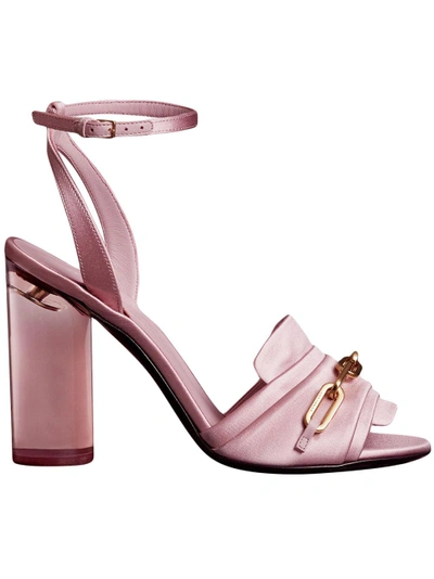 Shop Burberry Link Detail Perspex Heel Satin Sandals - Pink