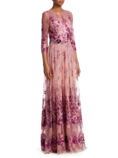 Shop David Meister Floral Quarter-sleeve Gown In Pink