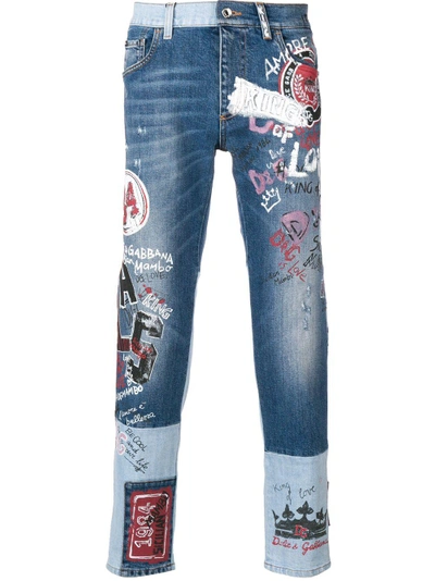 Shop Dolce & Gabbana Mural Print Two Tone Jeans