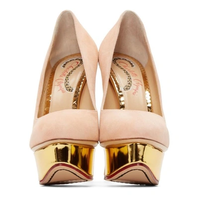 Shop Charlotte Olympia Pink Suede Platform Dolly Heels In 691 Blush/gold