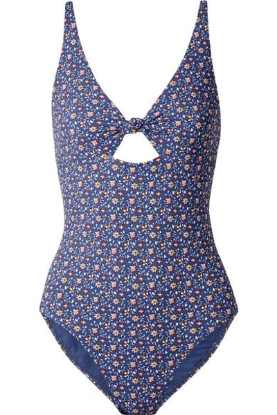Shop Tory Burch Palma Cutout Floral-print Swimsuit In Navy